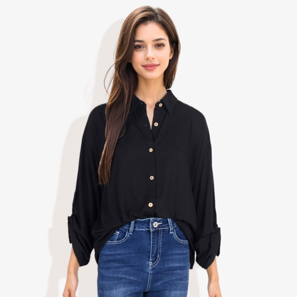 Long Sleeve Button-Down Shirt with Roll-Up Sleeves and Front Pocket Casual Loose Fit Blouse