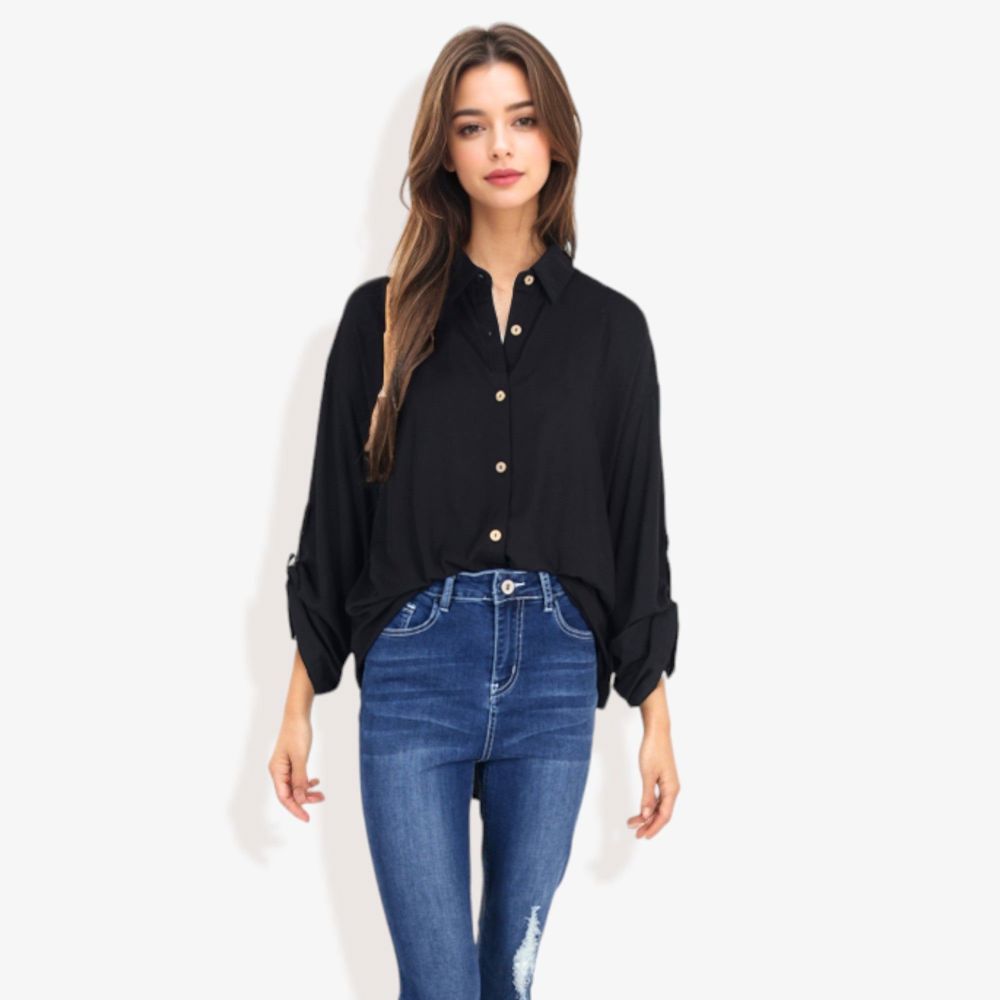 Long Sleeve Button-Down Shirt with Roll-Up Sleeves and Front Pocket Casual Loose Fit Blouse