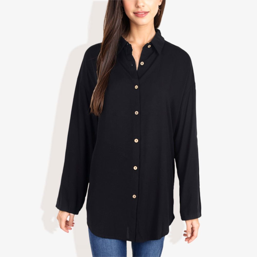 Long Sleeve Button-Down Shirt with Roll-Up Sleeves and Front Pocket Casual Loose Fit Blouse