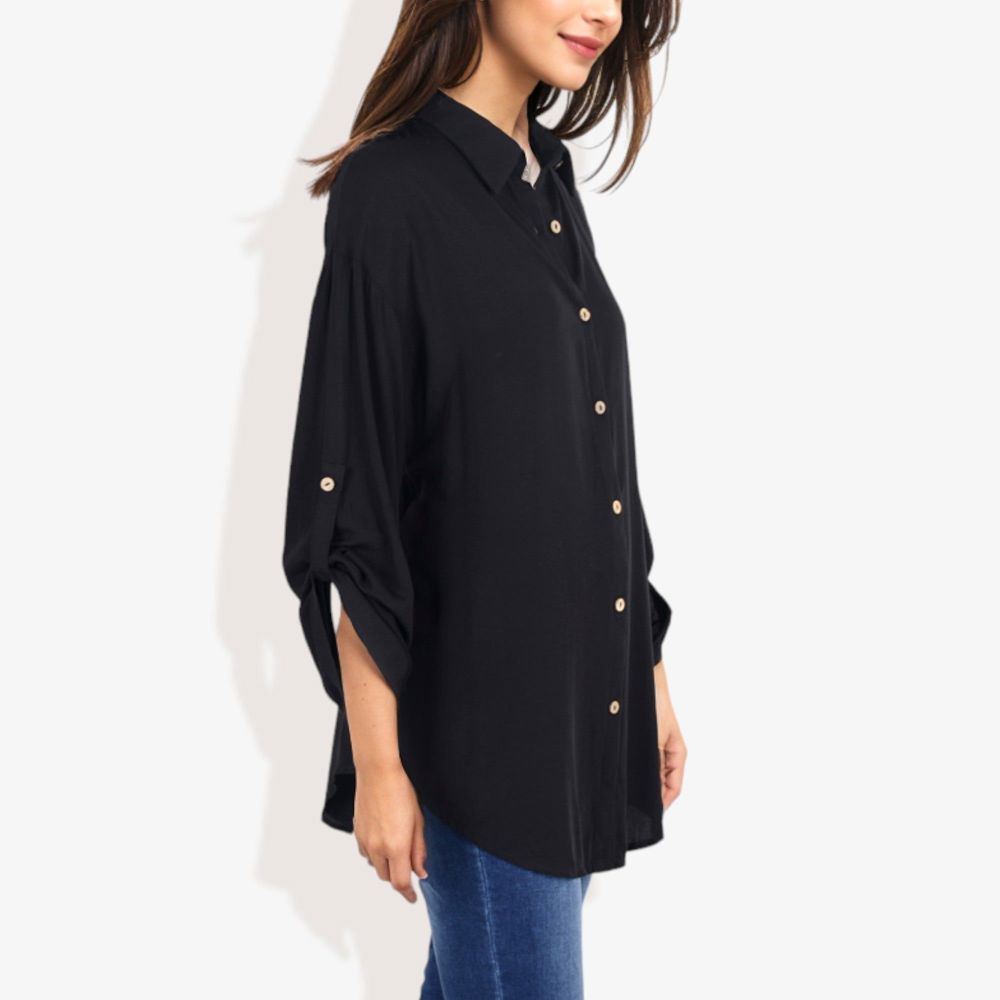 Long Sleeve Button-Down Shirt with Roll-Up Sleeves and Front Pocket Casual Loose Fit Blouse