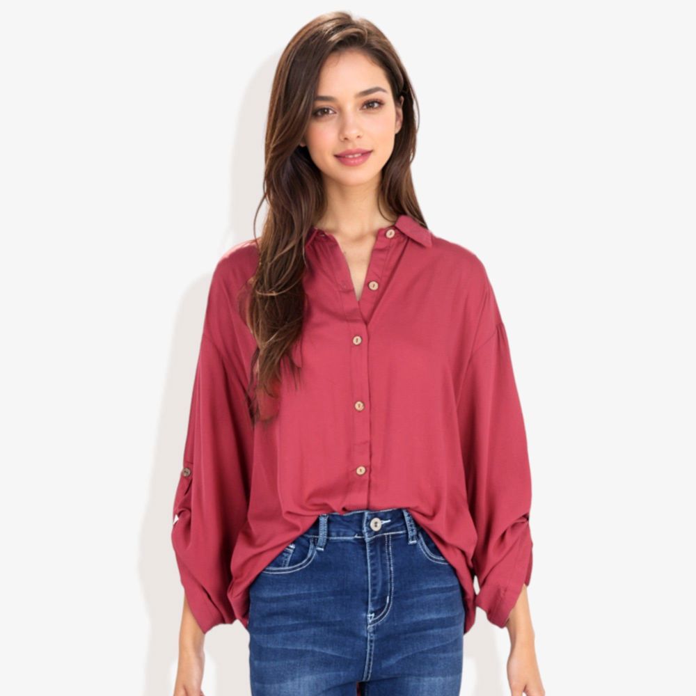 Long Sleeve Button-Down Shirt with Roll-Up Sleeves and Front Pocket Casual Loose Fit Blouse