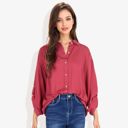 Red Large Long Sleeve Button-Down Shirt with Roll-Up Sleeves and Front Pocket Casual Loose Fit Blouse