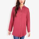 Red Large Long Sleeve Button-Down Shirt with Roll-Up Sleeves and Front Pocket Casual Loose Fit Blouse