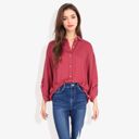 Red Large Long Sleeve Button-Down Shirt with Roll-Up Sleeves and Front Pocket Casual Loose Fit Blouse