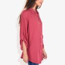 Red Large Long Sleeve Button-Down Shirt with Roll-Up Sleeves and Front Pocket Casual Loose Fit Blouse