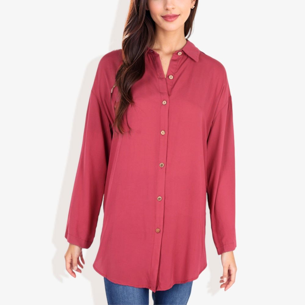 Long Sleeve Button-Down Shirt with Roll-Up Sleeves and Front Pocket Casual Loose Fit Blouse