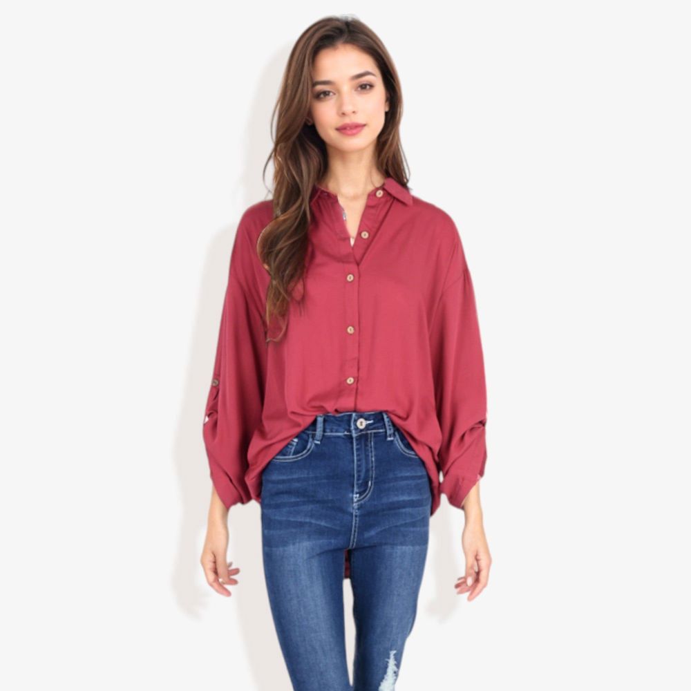 Long Sleeve Button-Down Shirt with Roll-Up Sleeves and Front Pocket Casual Loose Fit Blouse