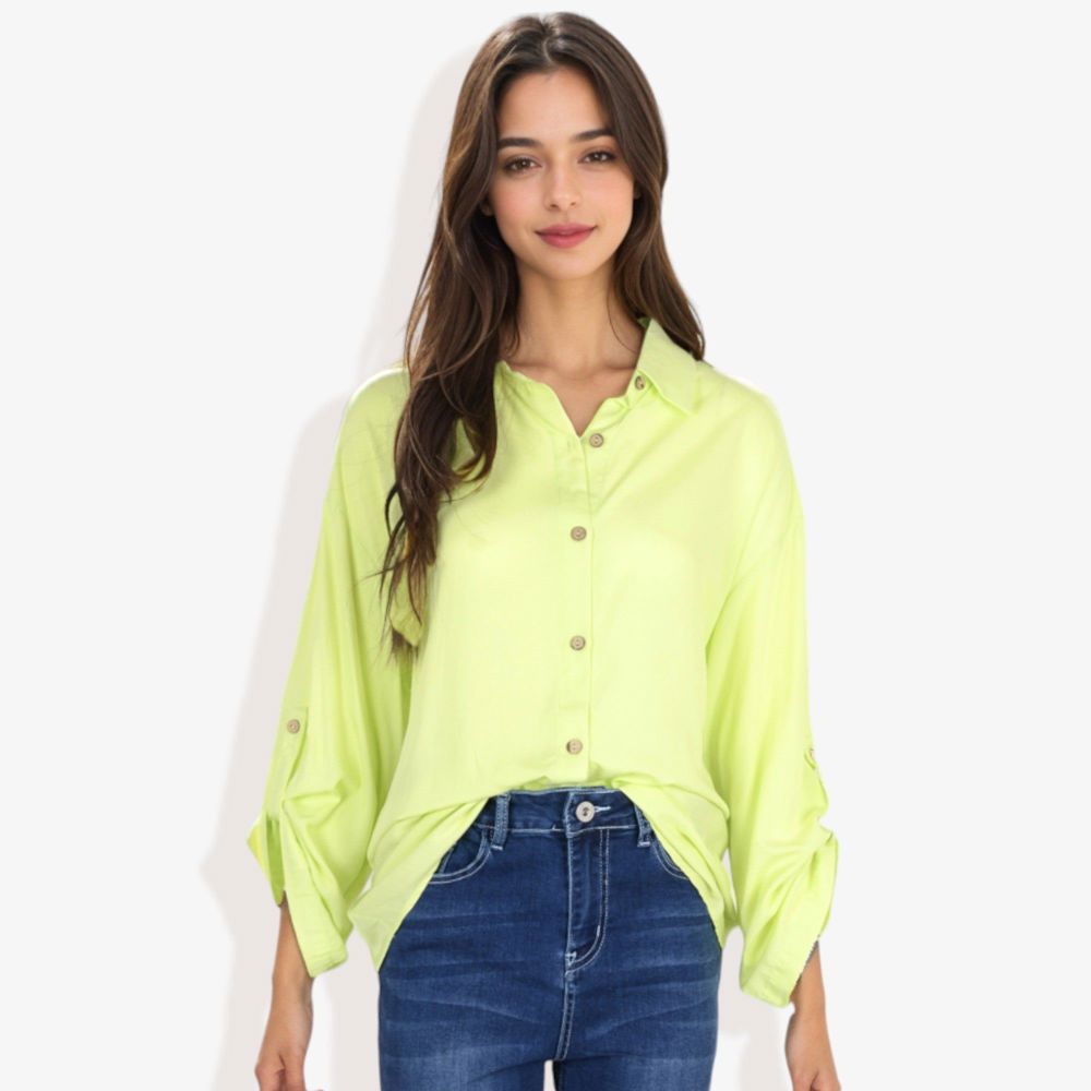 Long Sleeve Button-Down Shirt with Roll-Up Sleeves and Front Pocket Casual Loose Fit Blouse