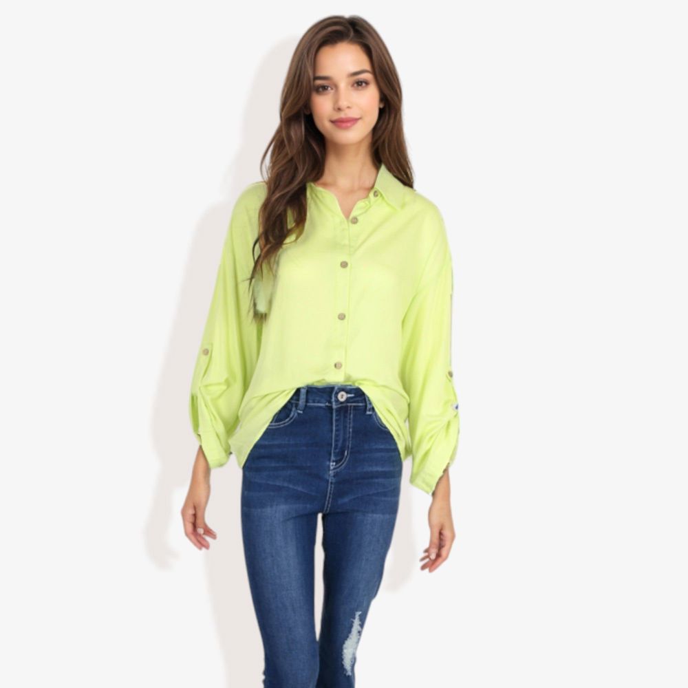 Long Sleeve Button-Down Shirt with Roll-Up Sleeves and Front Pocket Casual Loose Fit Blouse