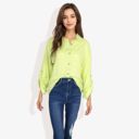 Green Large Long Sleeve Button-Down Shirt with Roll-Up Sleeves and Front Pocket Casual Loose Fit Blouse