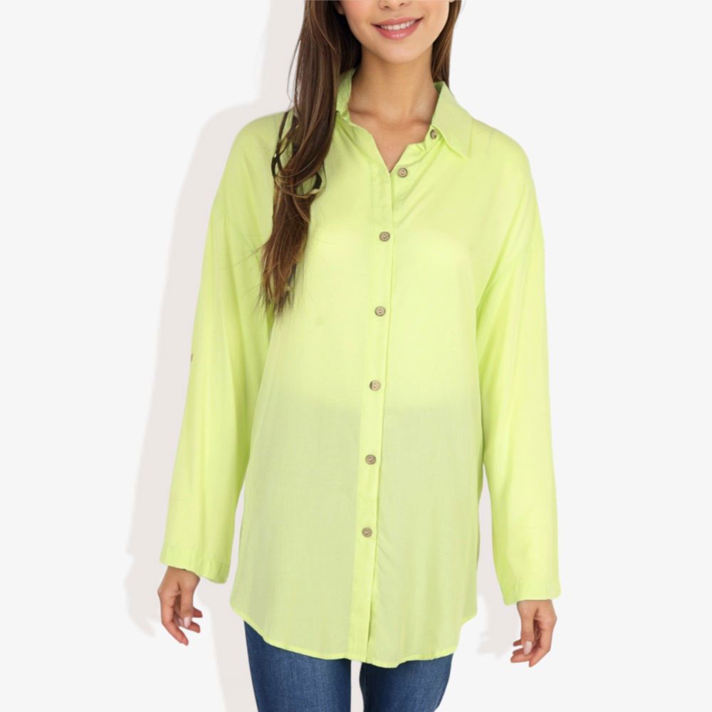 Long Sleeve Button-Down Shirt with Roll-Up Sleeves and Front Pocket Casual Loose Fit Blouse