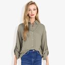 Green Large Long Sleeve Button-Down Shirt with Roll-Up Sleeves and Front Pocket Casual Loose Fit Blouse