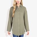 Green Large Long Sleeve Button-Down Shirt with Roll-Up Sleeves and Front Pocket Casual Loose Fit Blouse