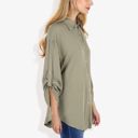 Green Large Long Sleeve Button-Down Shirt with Roll-Up Sleeves and Front Pocket Casual Loose Fit Blouse