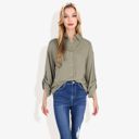 Green Large Long Sleeve Button-Down Shirt with Roll-Up Sleeves and Front Pocket Casual Loose Fit Blouse