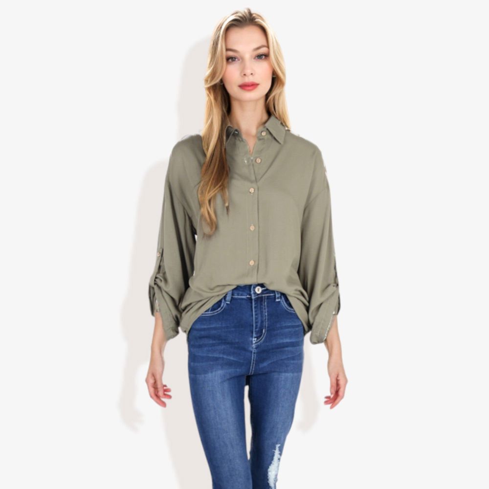 Long Sleeve Button-Down Shirt with Roll-Up Sleeves and Front Pocket Casual Loose Fit Blouse