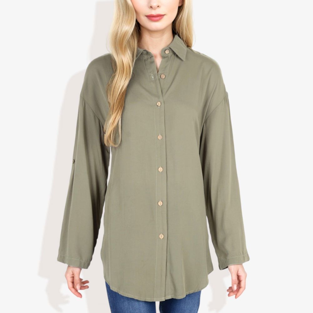 Long Sleeve Button-Down Shirt with Roll-Up Sleeves and Front Pocket Casual Loose Fit Blouse