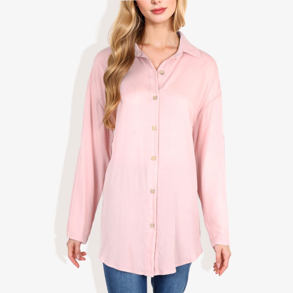 Long Sleeve Button-Down Shirt with Roll-Up Sleeves and Front Pocket Casual Loose Fit Blouse