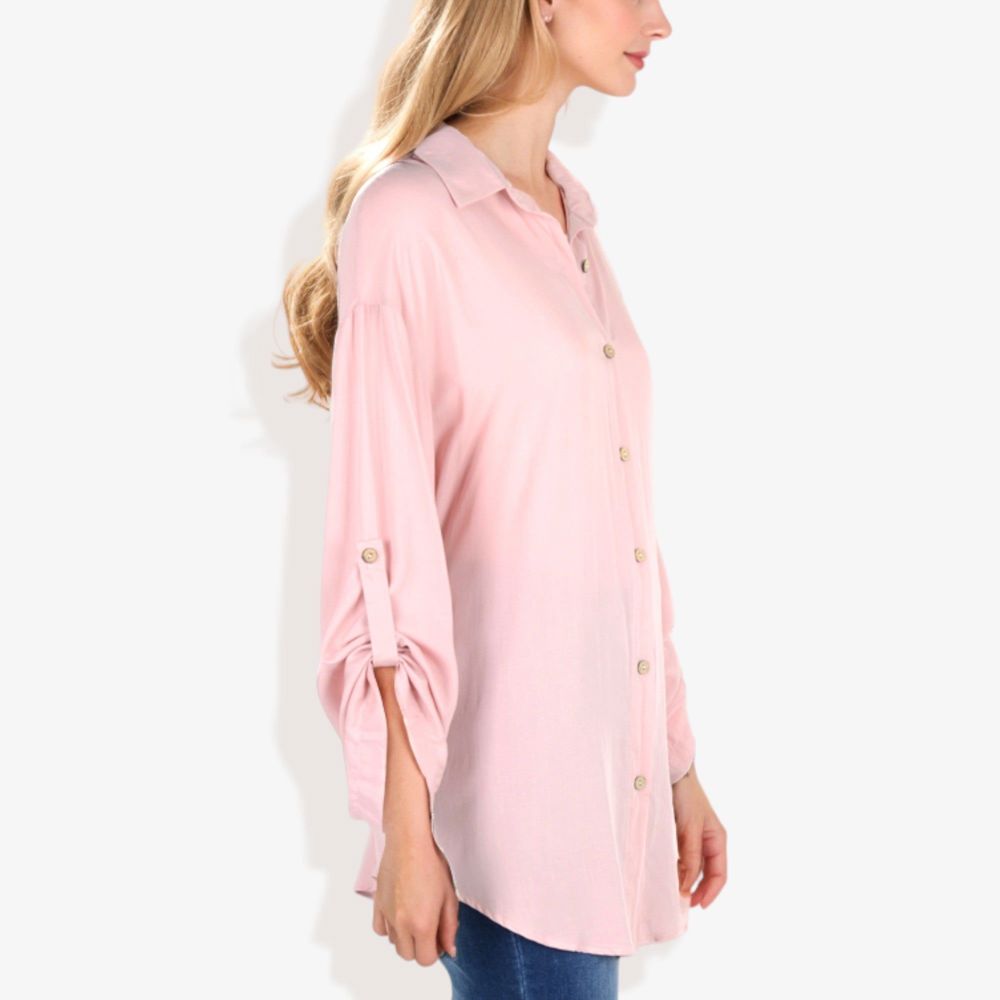 Long Sleeve Button-Down Shirt with Roll-Up Sleeves and Front Pocket Casual Loose Fit Blouse