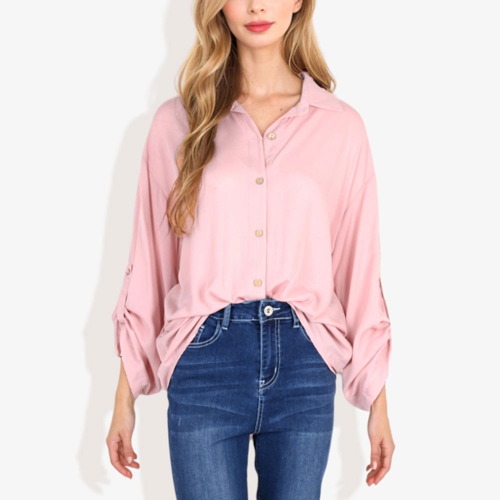 Long Sleeve Button-Down Shirt with Roll-Up Sleeves and Front Pocket Casual Loose Fit Blouse