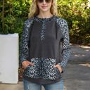 Black Large Leopard Contrast Long Sleeve Hoodie with Kangaroo Pocket