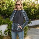 Black Large Leopard Contrast Long Sleeve Hoodie with Kangaroo Pocket