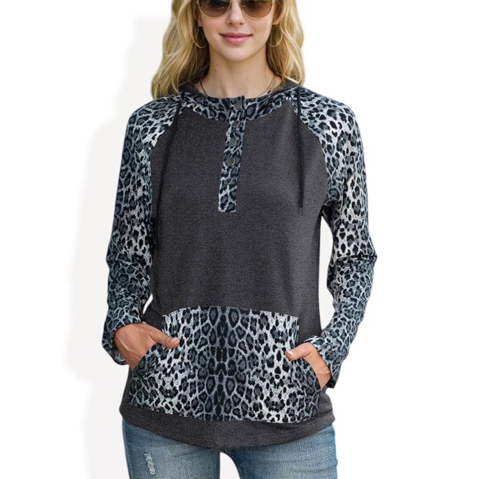 Leopard Contrast Long Sleeve Hoodie with Kangaroo Pocket