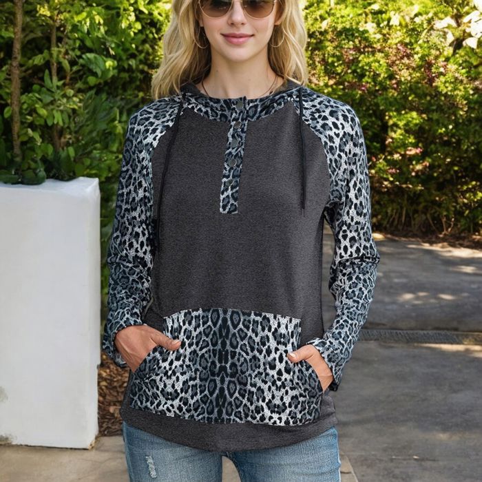 Leopard Contrast Long Sleeve Hoodie with Kangaroo Pocket