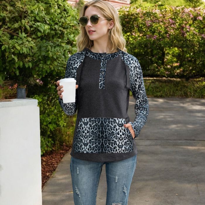 Leopard Contrast Long Sleeve Hoodie with Kangaroo Pocket