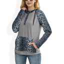 Gray Large Leopard Contrast Long Sleeve Hoodie with Kangaroo Pocket