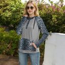 Gray Large Leopard Contrast Long Sleeve Hoodie with Kangaroo Pocket