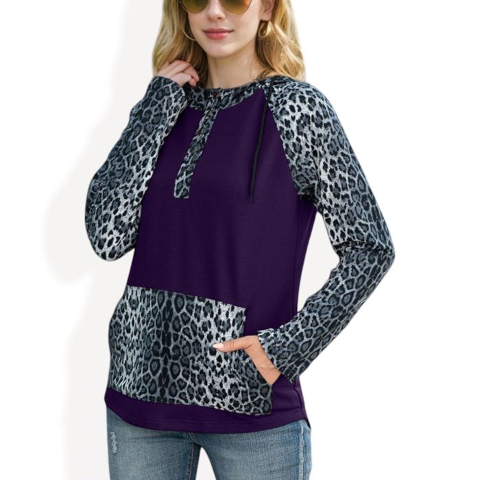 Leopard Contrast Long Sleeve Hoodie with Kangaroo Pocket