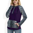 Purple Large Leopard Contrast Long Sleeve Hoodie with Kangaroo Pocket