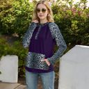 Purple Large Leopard Contrast Long Sleeve Hoodie with Kangaroo Pocket