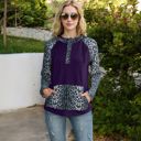 Purple Large Leopard Contrast Long Sleeve Hoodie with Kangaroo Pocket