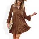 Brown Large Long Sleeve Tiered Mini Dress with Button Front and Animal Print