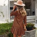 Brown Large Long Sleeve Tiered Mini Dress with Button Front and Animal Print