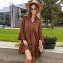 Brown Medium Long Sleeve Tiered Mini Dress with Button Front and Animal Print