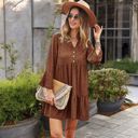 Brown Medium Long Sleeve Tiered Mini Dress with Button Front and Animal Print