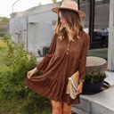 Brown Medium Long Sleeve Tiered Mini Dress with Button Front and Animal Print