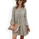 Beige Large Long Sleeve Tiered Mini Dress with Button Front and Animal Print