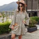 Beige Large Long Sleeve Tiered Mini Dress with Button Front and Animal Print