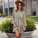 Beige Large Long Sleeve Tiered Mini Dress with Button Front and Animal Print