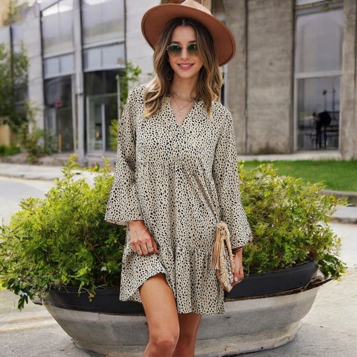 Long Sleeve Tiered Mini Dress with Button Front and Animal Print