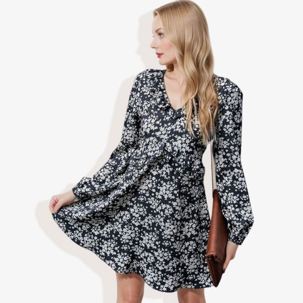 Long Sleeve Floral Print Mini Dress with V-Neck and Tie Front Detail Casual Outfit