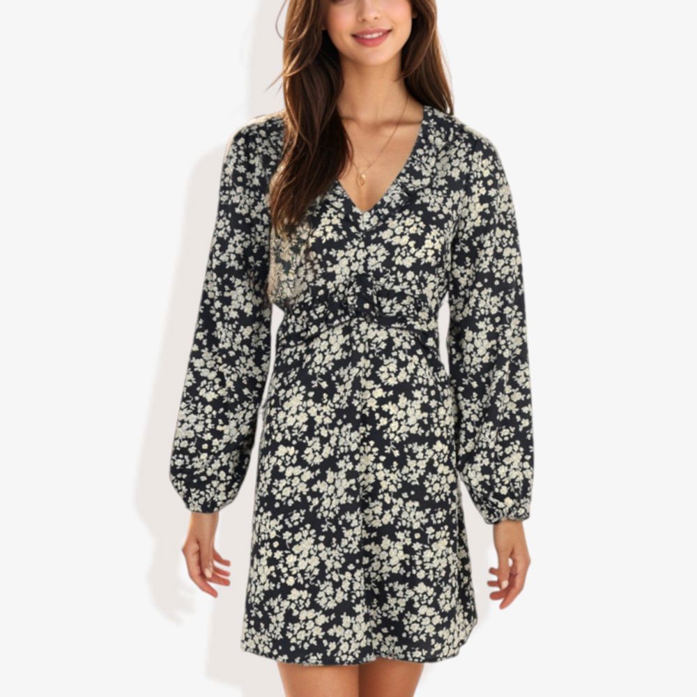 Long Sleeve Floral Print Mini Dress with V-Neck and Tie Front Detail Casual Outfit