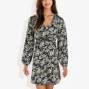  Long Sleeve Floral Print Mini Dress with V-Neck and Tie Front Detail Casual Outfit