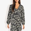  Long Sleeve Floral Print Mini Dress with V-Neck and Tie Front Detail Casual Outfit