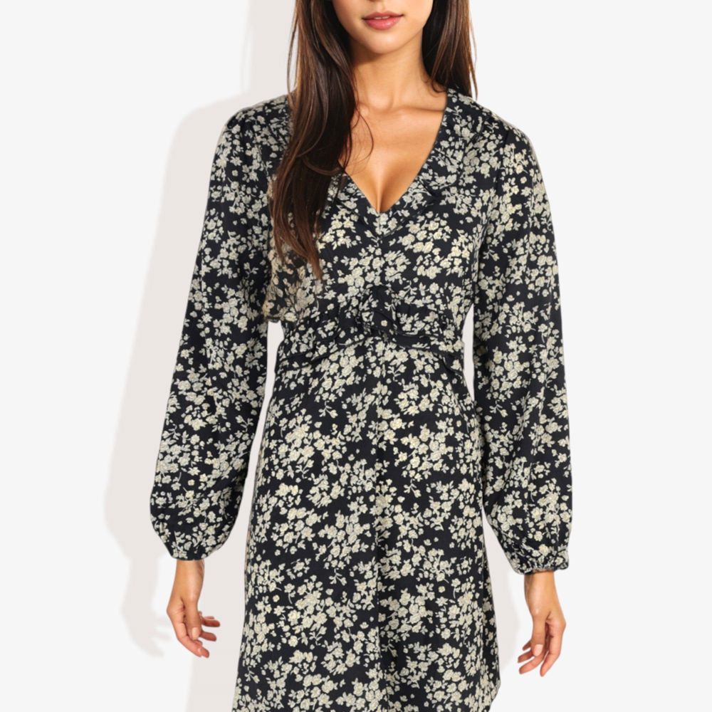 Long Sleeve Floral Print Mini Dress with V-Neck and Tie Front Detail Casual Outfit