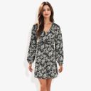 Black Large Long Sleeve Floral Print Mini Dress with V-Neck and Tie Front Detail Casual Outfit